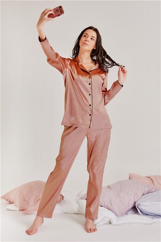 Front Buttoned Satin Pajama Set - 1