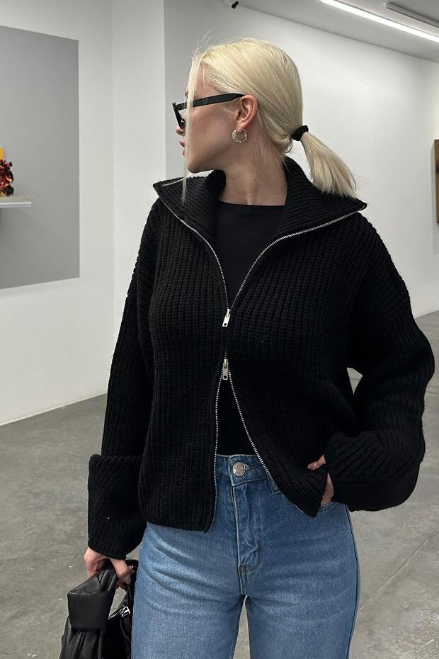 Black Double Zipper Knitwear Cardigan Mg2256