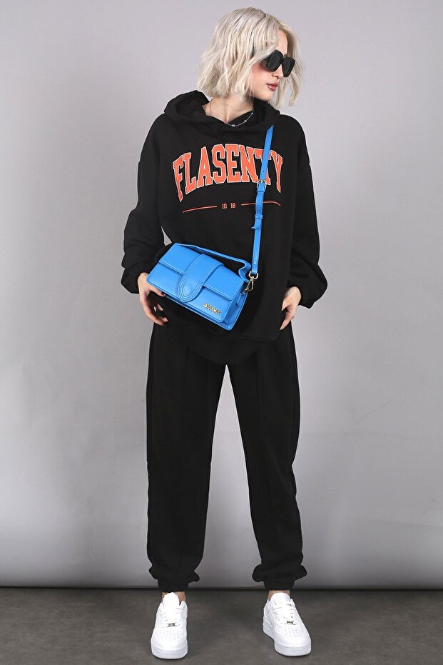 Siyah Oversize Baskılı Eşofman Takım Mg1561 - 3
