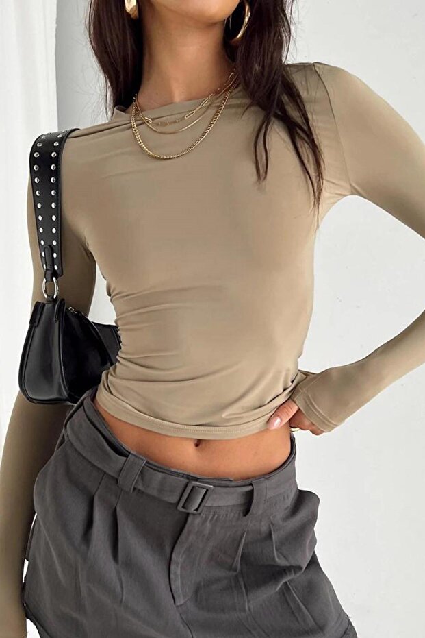 Bej guler rotund basic Body cu mânecă lungă MG1701 - 2