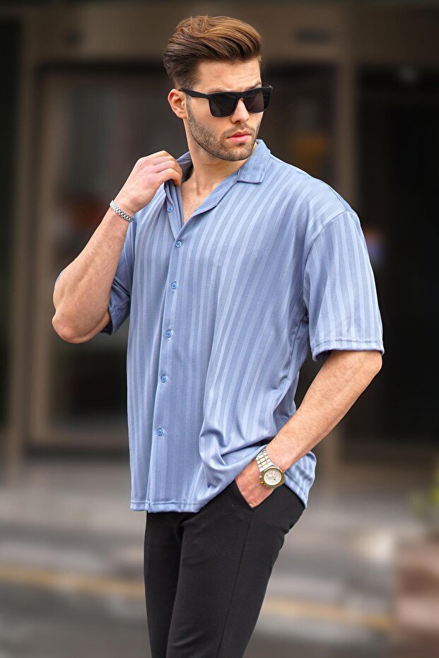 Indigo Striped Short Sleeve Men's Shirt 6738