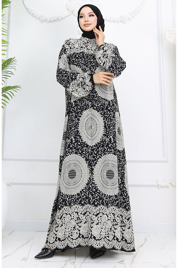 Viskon Kumaş Boydan Düğmeli Desenli Elbise 0047-01 Siyah - 2