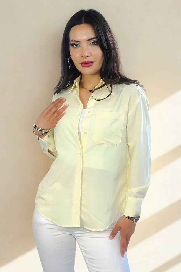 Lupinn Moda Kadın Sarı Regular Fit Basic Düz Uzun Kollu Gömlek - 3