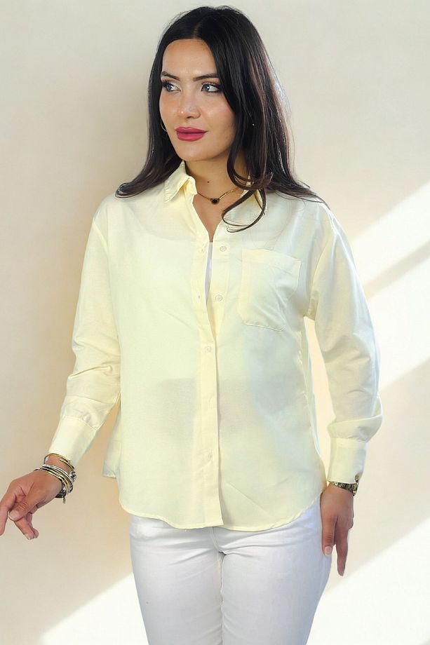Lupinn Moda Kadın Sarı Regular Fit Basic Düz Uzun Kollu Gömlek - 8