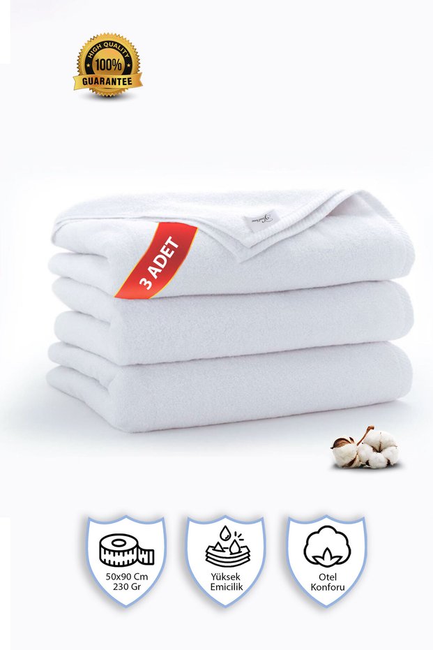 3 Pieces | Cotton, White Hand Towel | Hand, Face, Head Towel | Spa and Hotel Towel (50X90 cm)