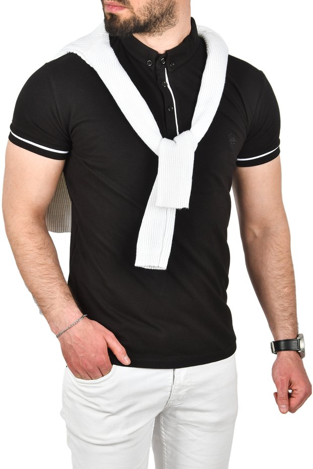 Men's Black Slim Fit Slim Fit Cotton Pique Fabric Polo Neck T-Shirt Breathable Non-Curling Polo Neck Ti