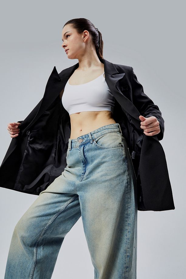 Siyah Regular Astarlı Kruvaze Kapama Dokuma Oversize Blazer Ceket - 4