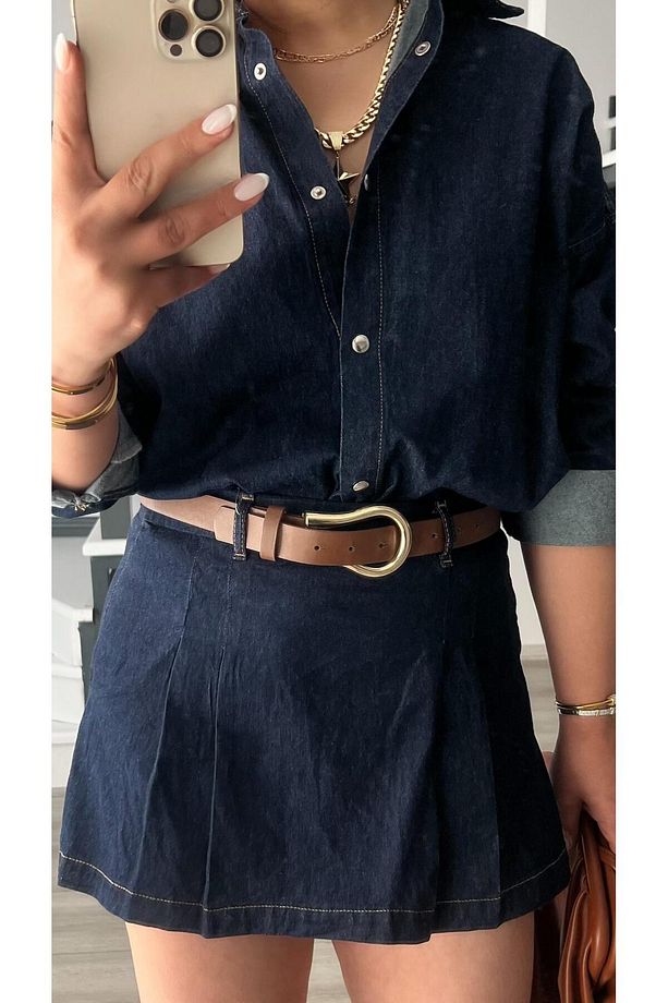 Denim Piliseli Şort Etek - 1