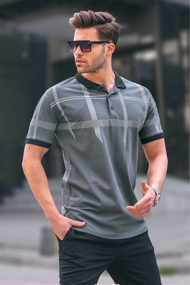 Smoked Patterned Polo Collar Men's T-Shirt 6080