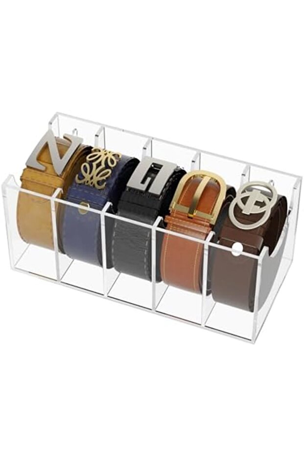 Acrylic Belt Organizer with 5 Compartments for Closet Storage of Belts, Ties, and Bow Ties