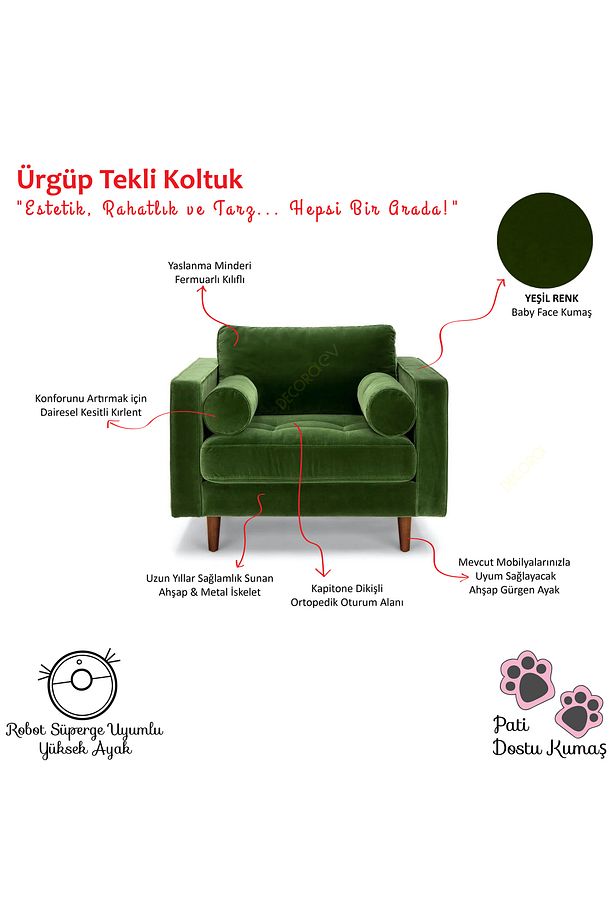 Ürgüp Yeşil Tekli Koltuk Berjer Rahat Psikolog Koltuğu Terapi Koltuğu - 3