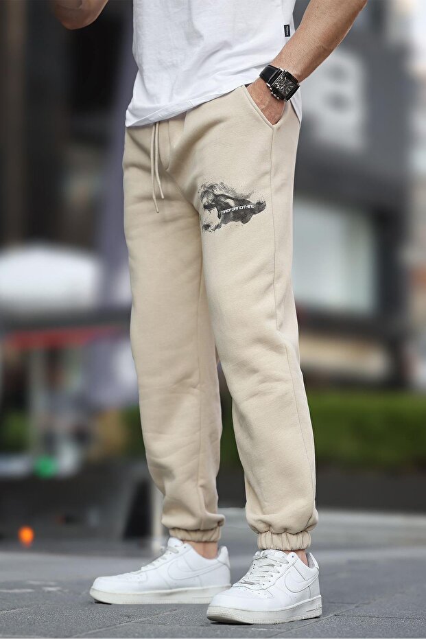 Beige Men's Printed Sweatpants with Elastic Cuffs and Pocket Detail 6553