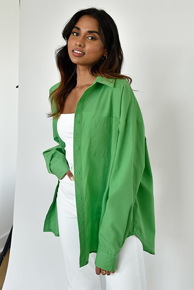 Yeşil Oversize Basic Cepli Poplin Gömlek Mg1530 - 8