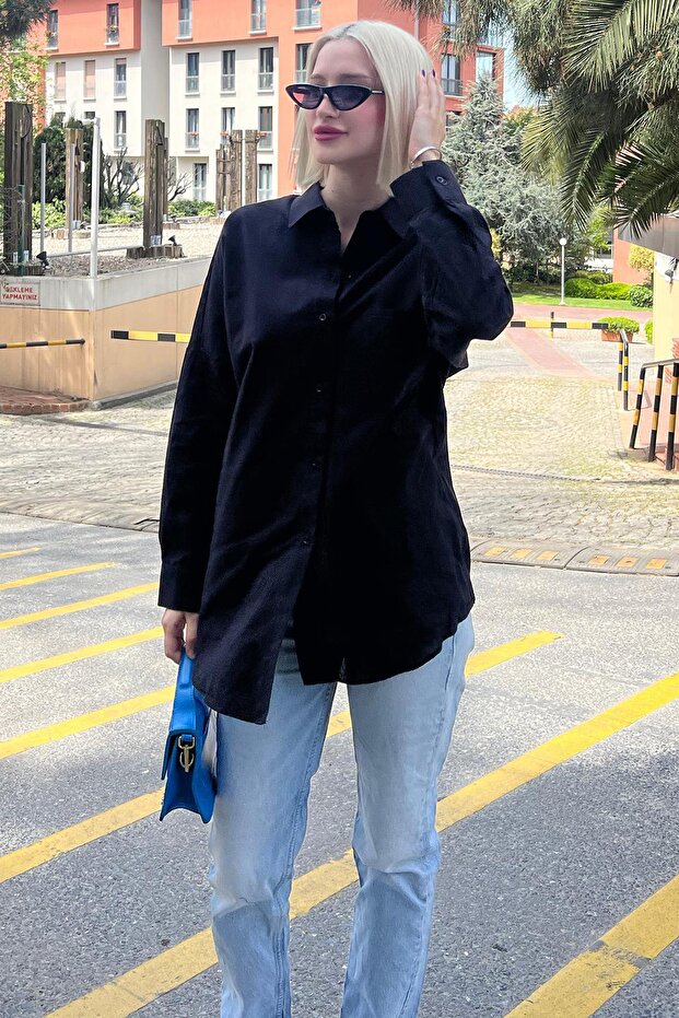 Siyah Oversize Basic Cepli Poplin Gömlek Mg1530 - 2