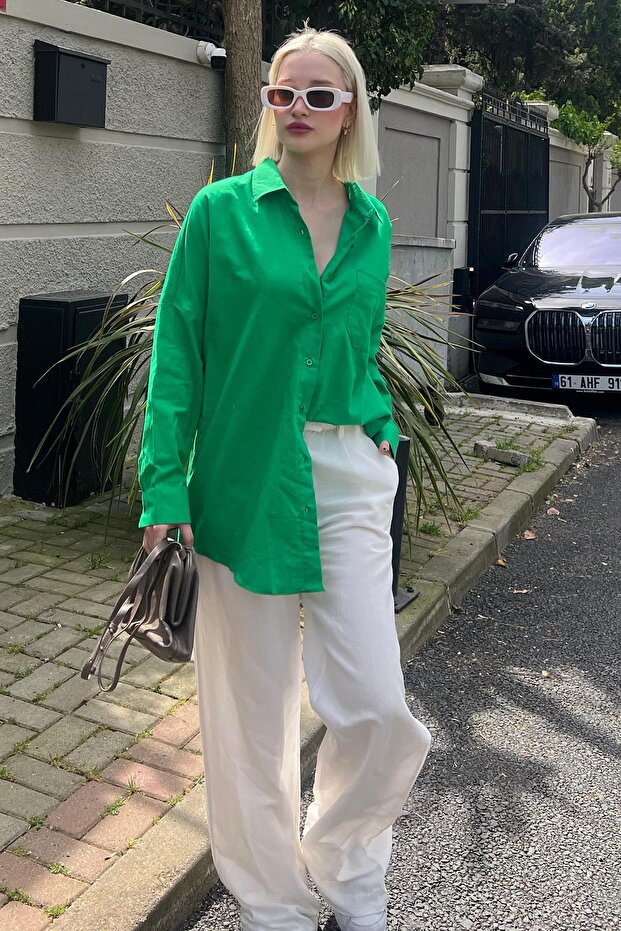 Yeşil Oversize Basic Cepli Poplin Gömlek Mg1530 - 3