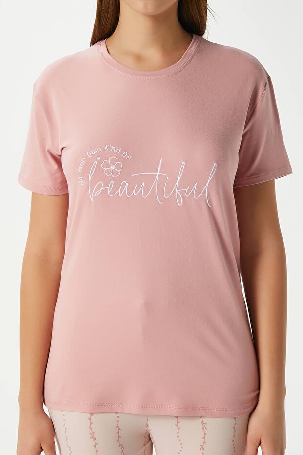 Kadın Beautiful Yumuşak Doku Pudra Bisiklet Yaka Kısa Kollu Alt Üst Pijama Takımı - 4