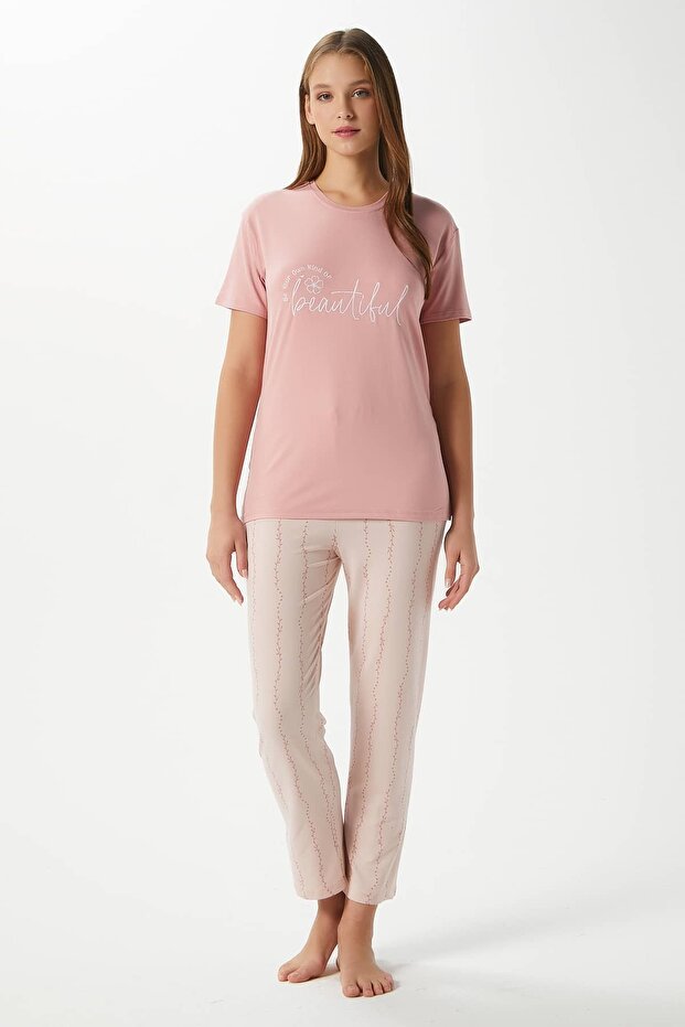Kadın Beautiful Yumuşak Doku Pudra Bisiklet Yaka Kısa Kollu Alt Üst Pijama Takımı - 3