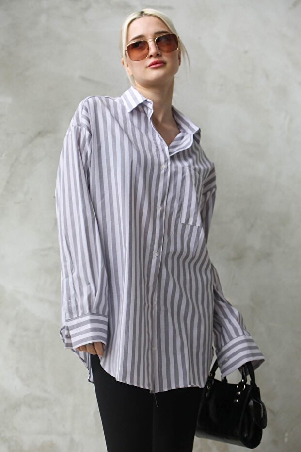 Gray Striped Oversize Women's Shirt Mg1688