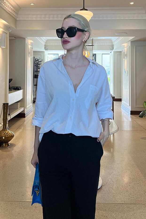 Beyaz Oversize Basic Cepli Poplin Gömlek Mg1530 - 2