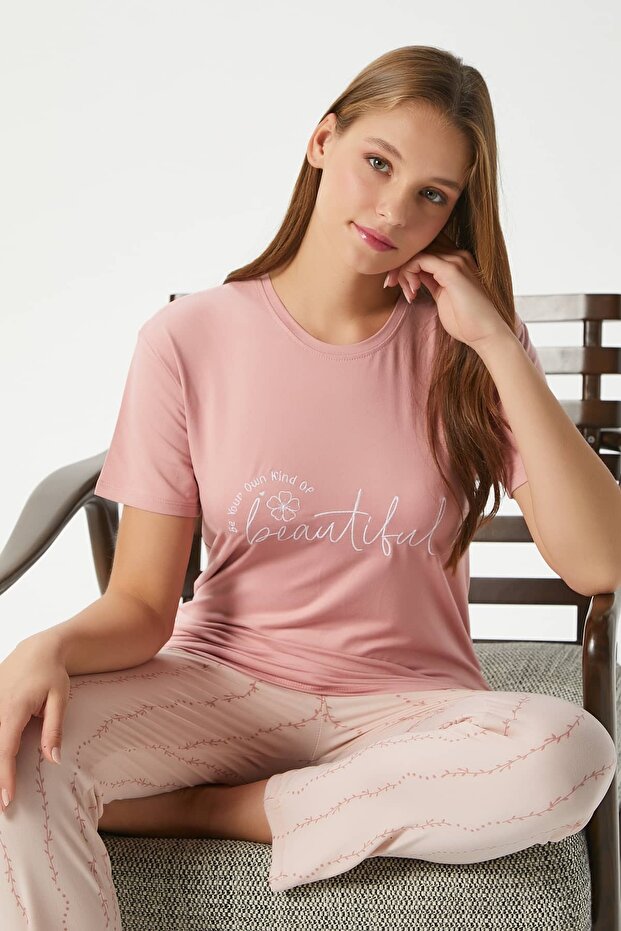 Kadın Beautiful Yumuşak Doku Pudra Bisiklet Yaka Kısa Kollu Alt Üst Pijama Takımı - 2