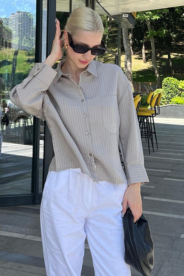 Gray Striped Oversize Women's Shirt Mg2093