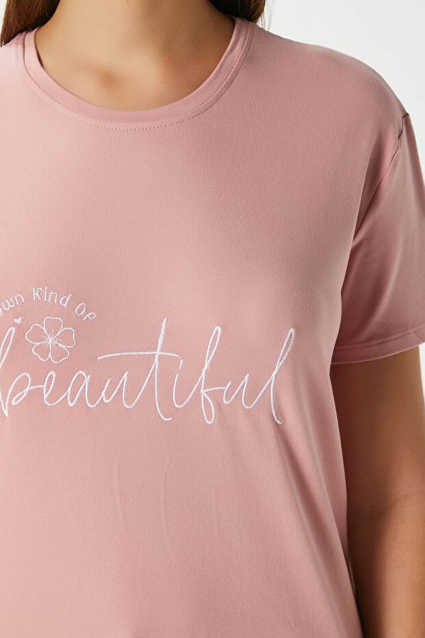 Kadın Beautiful Yumuşak Doku Pudra Bisiklet Yaka Kısa Kollu Alt Üst Pijama Takımı - 5