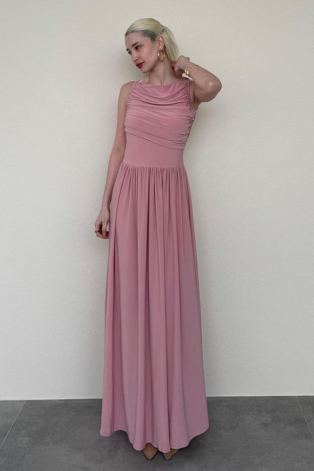 Pembe Önü Dökümlü Uzun Boy Kadın Elbise Mg2364 - 6