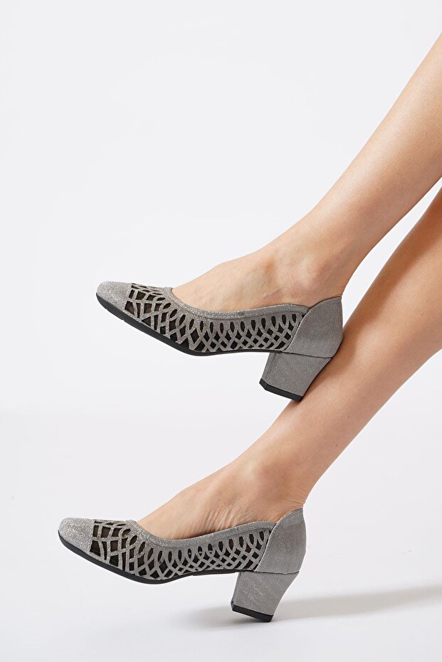 Muhriye Laser Silvery Mesh Women's Heeled Shoes Platinum Silvery