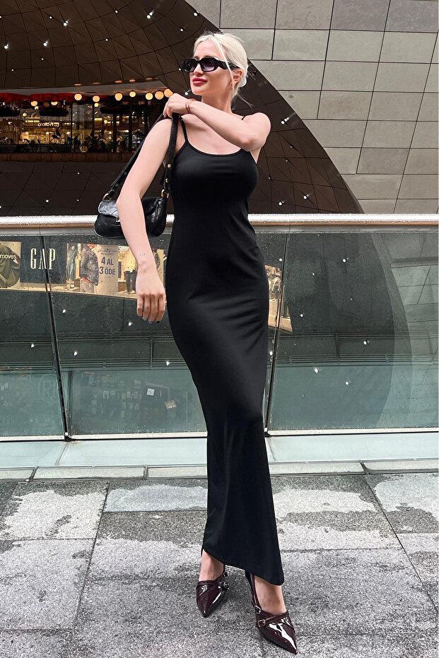 Siyah Uzun Asklı Basic Elbise MG1852 - 4