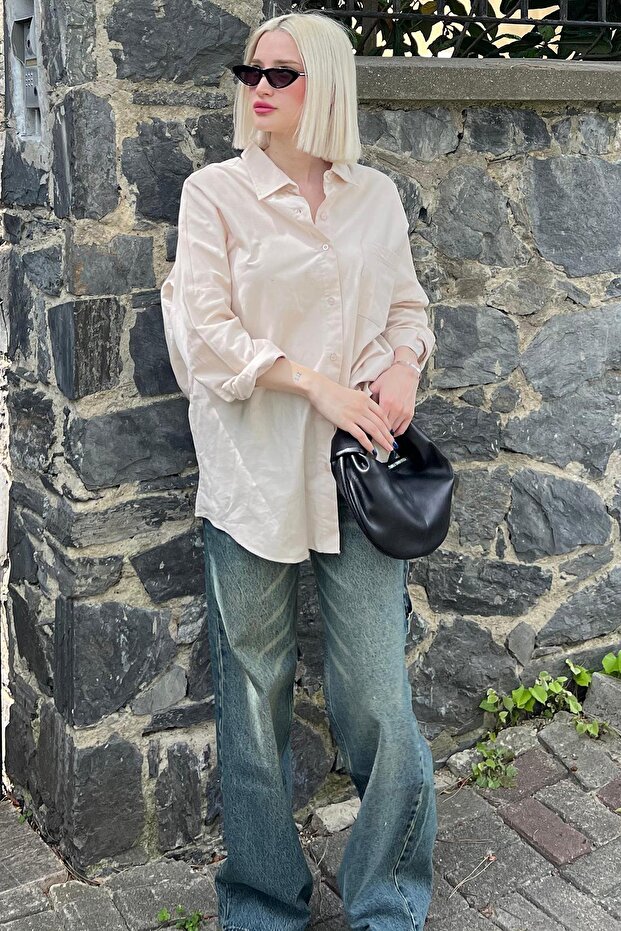 Bej Oversize Basic Cepli Poplin Gömlek Mg1530 - 1