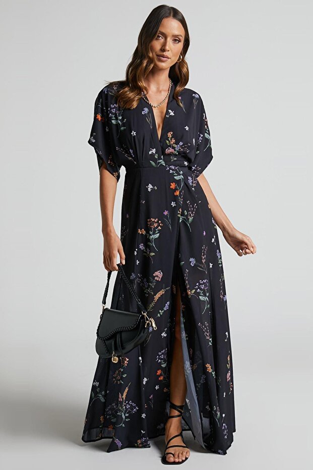 Black Floral Print Slit Detailed Long Dress MG2116