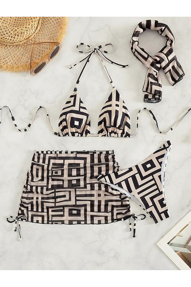 4 Parçalı Geometrik Baskılı Bikini Takımı - 4