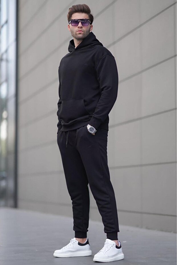 Black Hooded Basic Tracksuit Set 5928 - 2