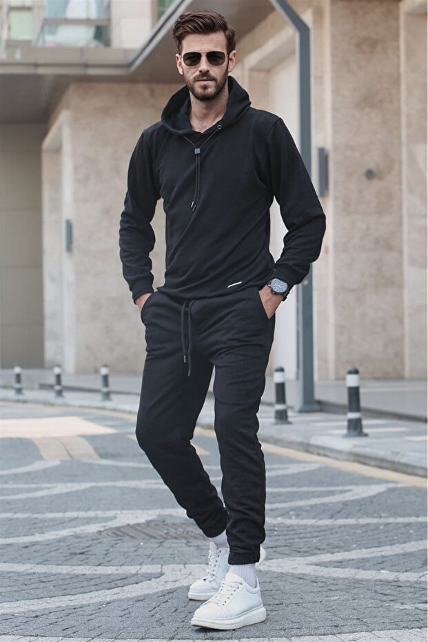 Black Hooded Basic Tracksuit Set 5908 - 1