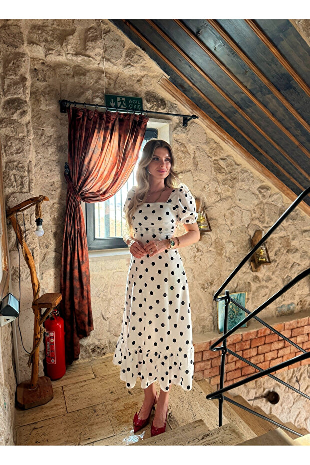 Balon Kol Puantiyeli Elbise - 1