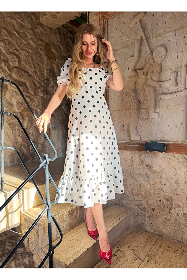 Balon Kol Puantiyeli Elbise - 4