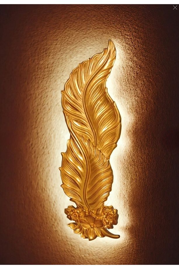 Led Aydınlatmalı Tüy Aplik, Güllü Yaprak Aplik, Gold-Altın Renkli 85cm Dev Boy Tüy Aplik - 1