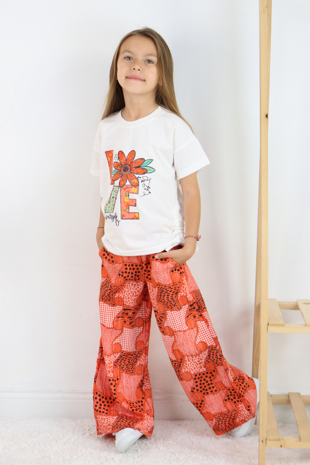 🌸 Girls'''Love Yourself'' Printed T-Shirt and Geometric Ethnic Pattern Wide Leg Pants Set