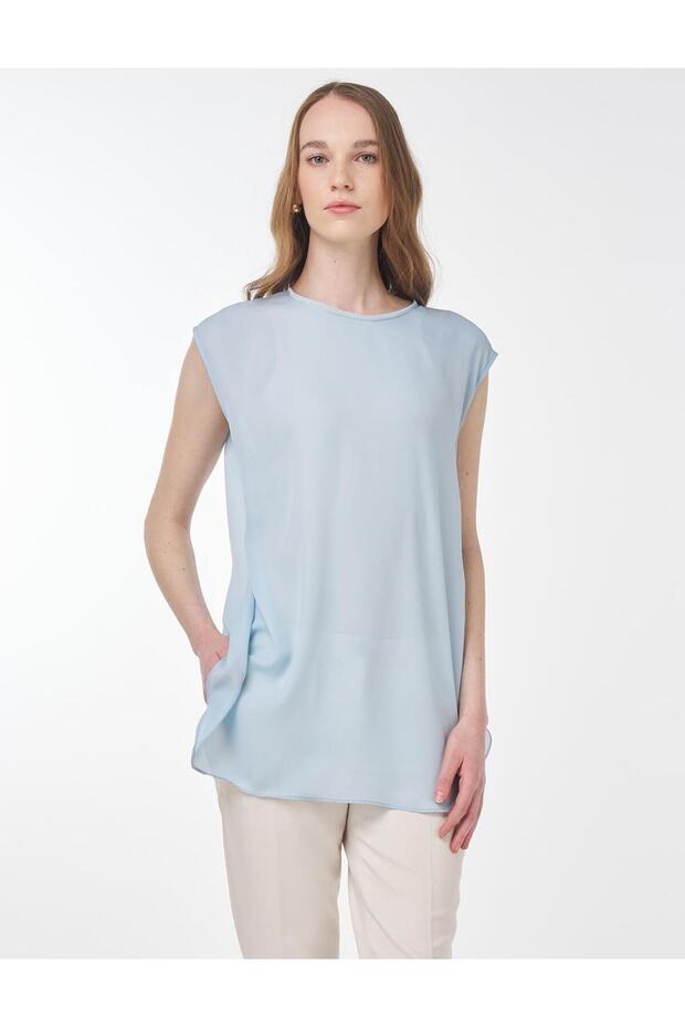 Sıfır Yaka Basic T-Shirt Mavi - 1