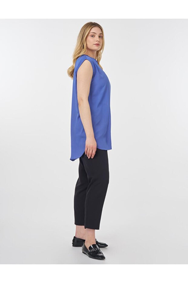 Sıfır Yaka Basic T-Shirt İndigo - 6