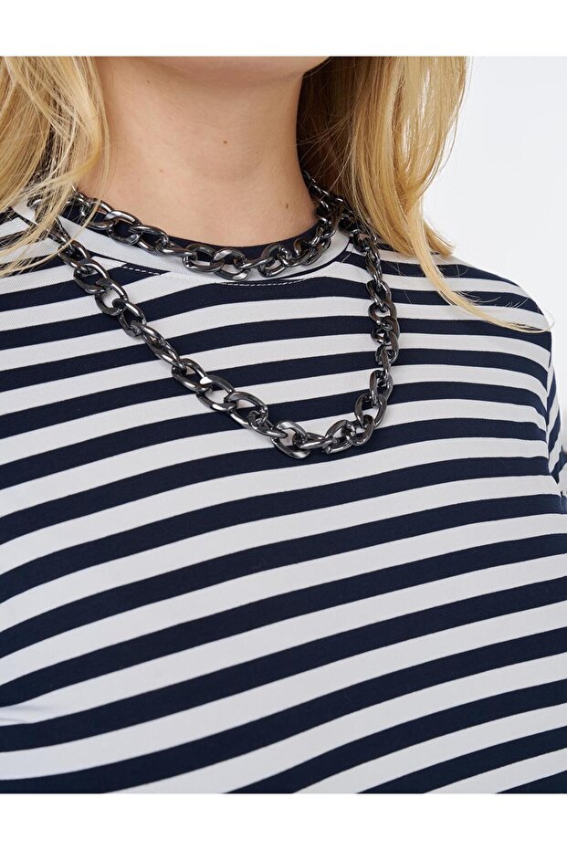 Çizgi Desen Örme Sweatshirt Lacivert - 7