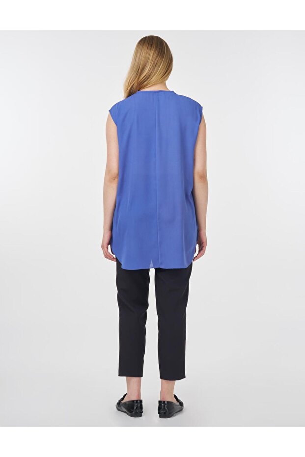 Sıfır Yaka Basic T-Shirt İndigo - 5