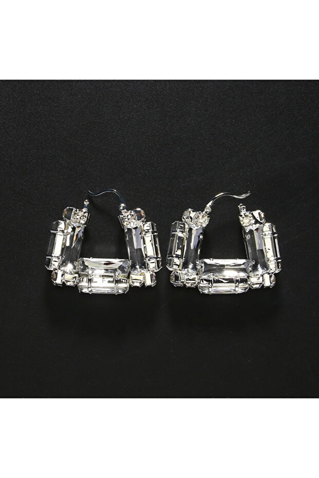 Silver Plated Stonefans Hollow Crystal Large Hoop Earrings Square Lady Accessories Elegant Design Ge