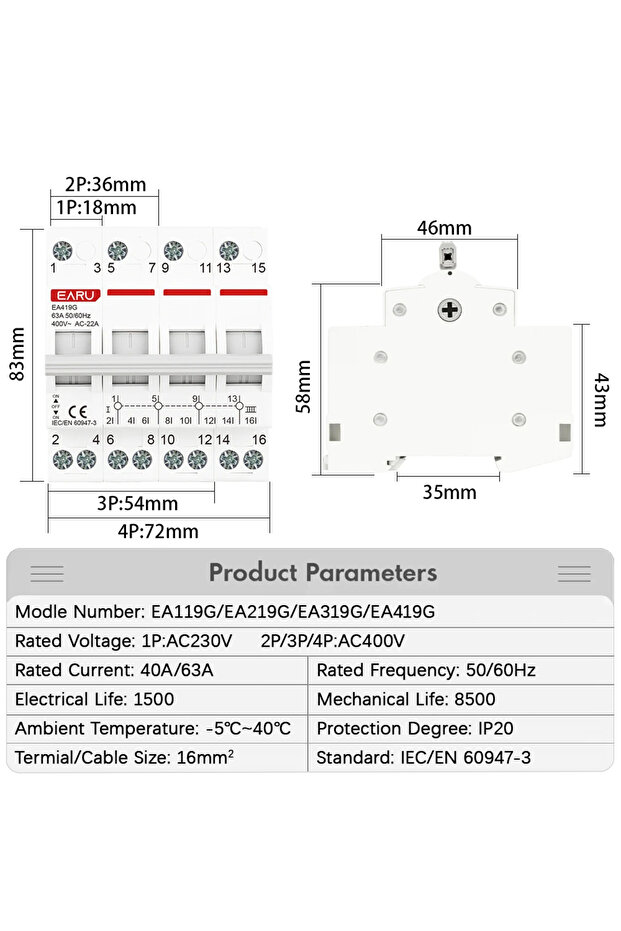 2P 63A Din Rail 1P 2P 3P 4P 40A 63A Modular MTS Dual Power Manual Transfer Switch AC Isolating Disco - 2
