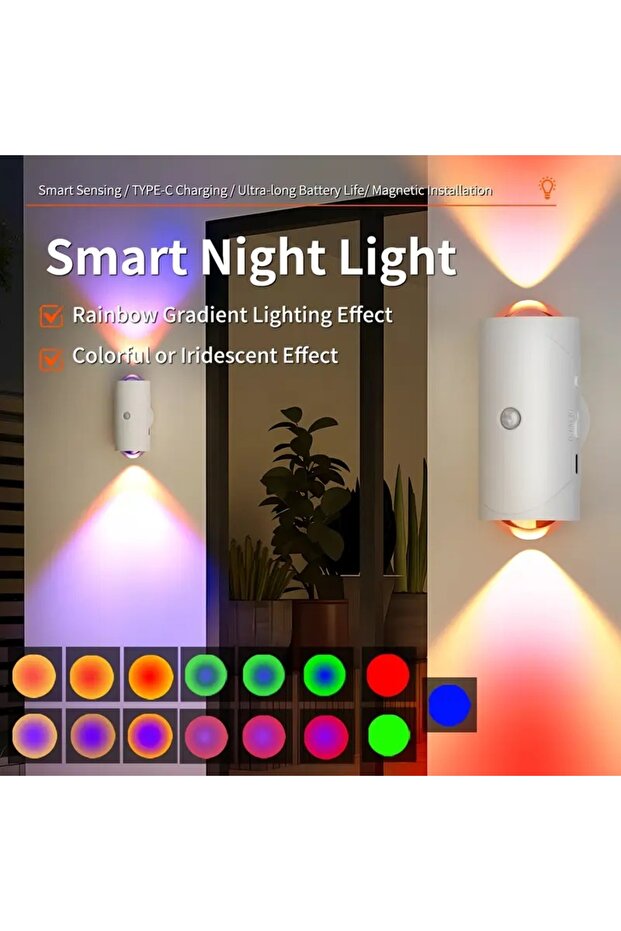 مصباح ليلي LED متدرج الألوان RGB مزود بمستشعر حركة ومصباح حائطي قابل لإعادة الشحن وخافت الإضاءة المحيطة