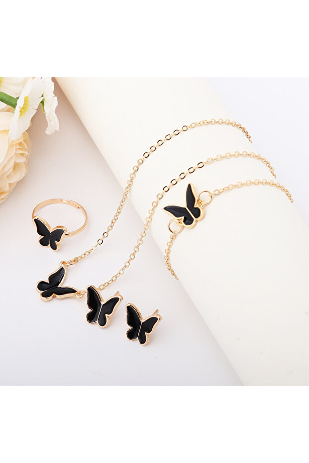 Black 4Pcs Butterfly Jewelry Sets Pink White Romantic Bracelet Ring Necklace Earrings Set Wedding Di