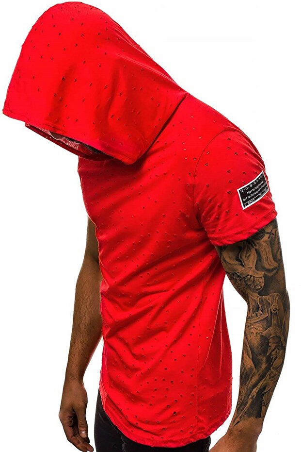 Red Hooded T-Shirt with Ripped Detail 3069