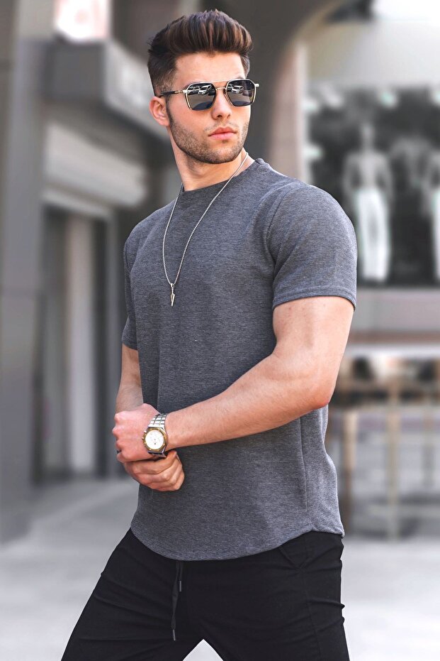 Antrasit Waffle Kumaş Basic Tişört 5883 - 1