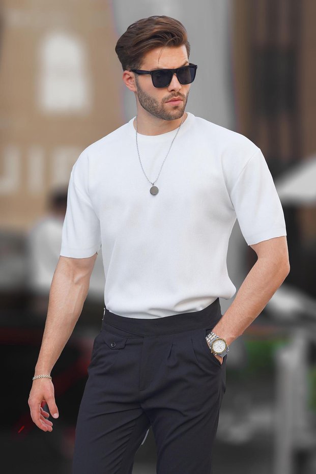 White Crew Neck Short Sleeve Knitwear Men's T-Shirt 6899
