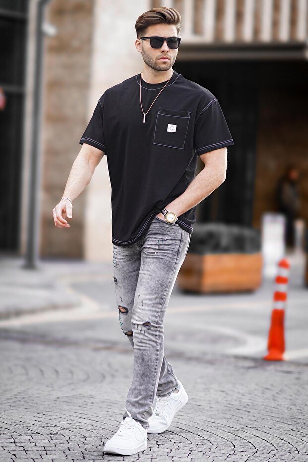 Black Oversize Men's T-Shirt with Pocket Detail 7001